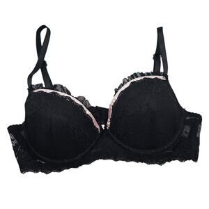 Vintage 1990s Womens Sz L Sexy Lingerie Bra Black Ruffled Lace Maid Style